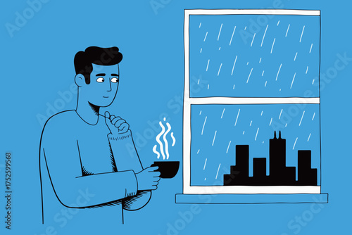 Man Enjoying Coffee on a Rainy Day
