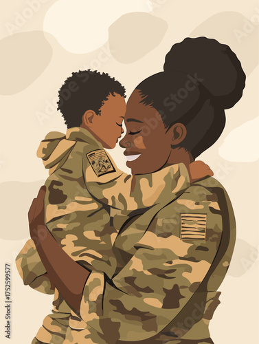 Stylized Illustration of Military Mom Reuniting with Child