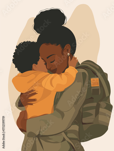 Emotional Homecoming Scene of Black Female Soldier and Child