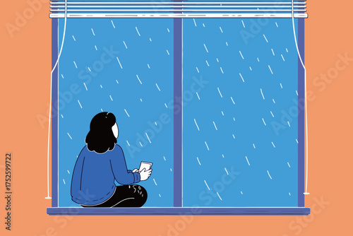 Girl watching rain with phone