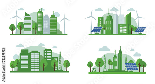 Green city skyline with wind turbines representing sustainable urban development