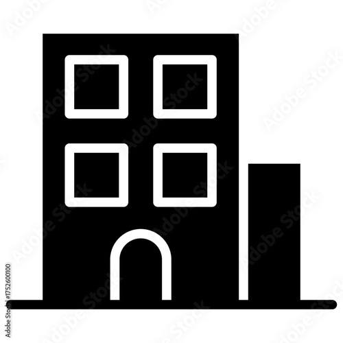 Apartment Building Glyph Black Silhouette Icon Design Vector - Multi-story apartment building, symbolizing urban housing, rental unit, or real estate development
