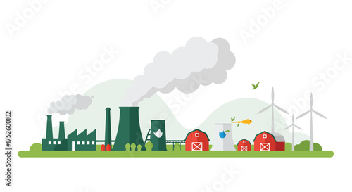 Sustainable city landscape with wind turbines and lush green environment