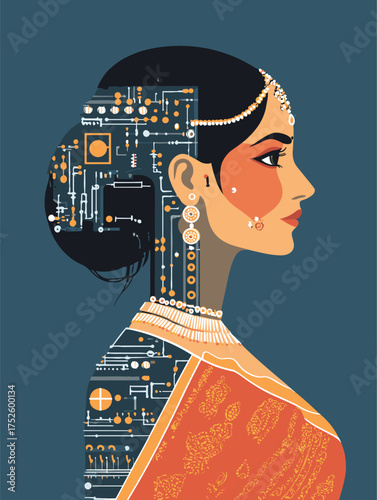 Indian Woman with Half-Metallic Face and Exposed Arm Circuits