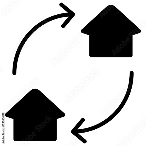 Property Exchange Glyph Black Silhouette Icon Design Vector - Two houses connected by arrows, symbolizing property swap, relocation, or home exchange process