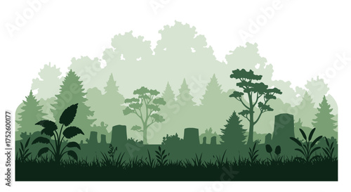 Stylized dark green forest scene within a rough irregular stone shape