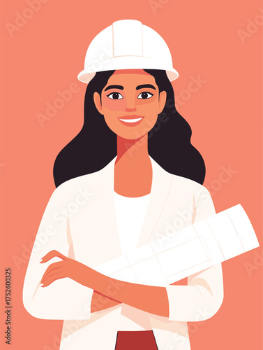 Flat Vector of Latina Architect with Blueprint and Hard Hat