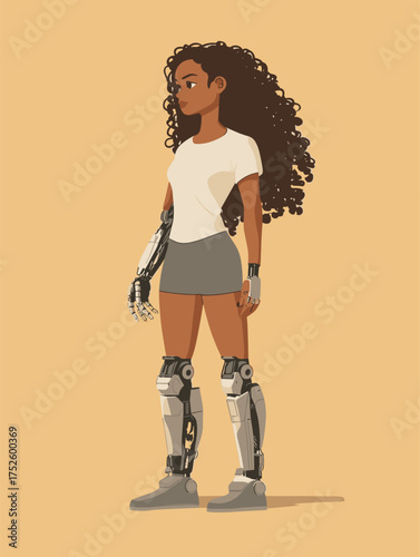 Flat Vector of Latina Woman with Robotic Arm and Leg