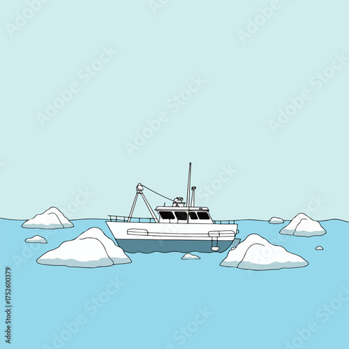 Boat Navigating Through Icebergs