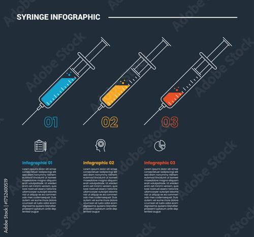 syringe medical health infographic process diagram with tilt position with watery liquid inside with dark background bright outline style 3 points