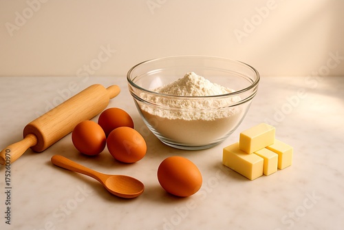 Landscape Baking Tools on Marble Counter. 
