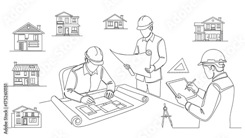 One-Line Drawing of Architects Working on Blueprints and Home Design Sketches – Minimalist Black Outline Representing Creativity, Planning, and Innovation in Architecture