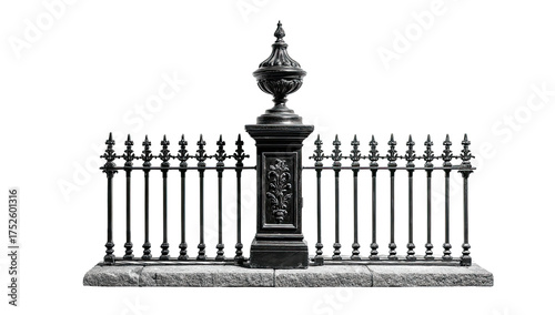 Ornate iron fence section with decorative pillar, isolated on black