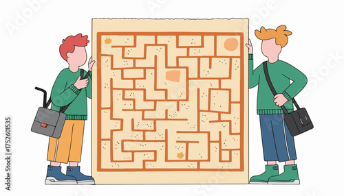 Cartoon Boys Solving a Maze