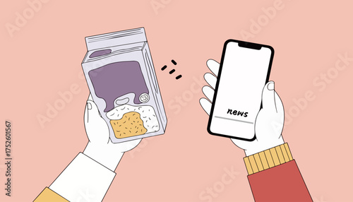 Hands holding food box and smartphone with news
