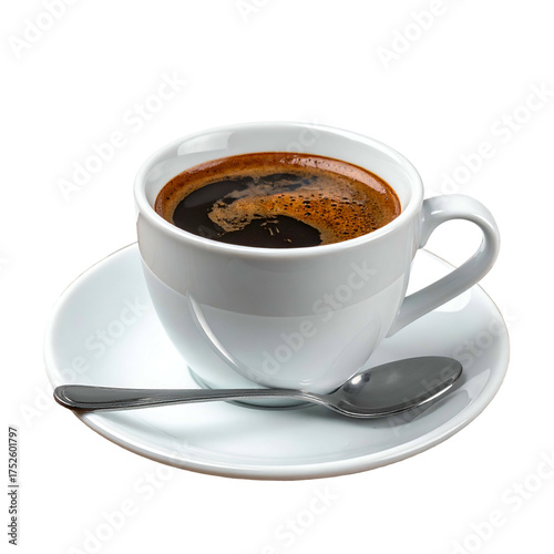 Hot black coffee with crema in a white cup on a saucer with spoon.
