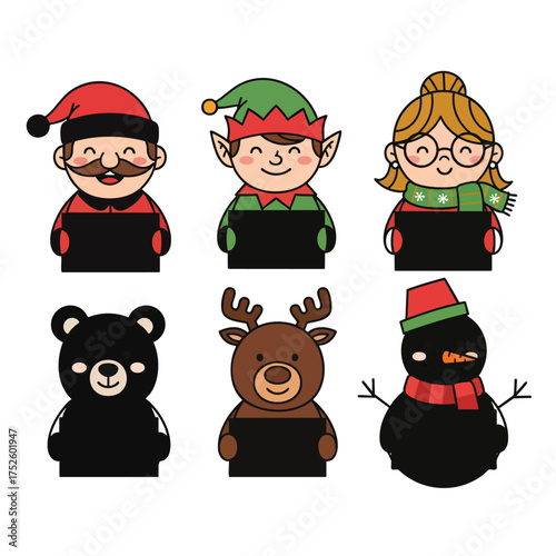 A cute cartoon collection of six Christmas characters including Santa an elf a reindeer and a snowman.
