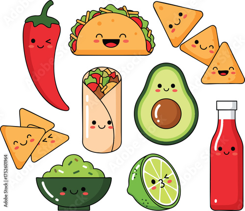 A cute collection of kawaii Mexican food characters with smiling faces including a taco burrito and nachos.