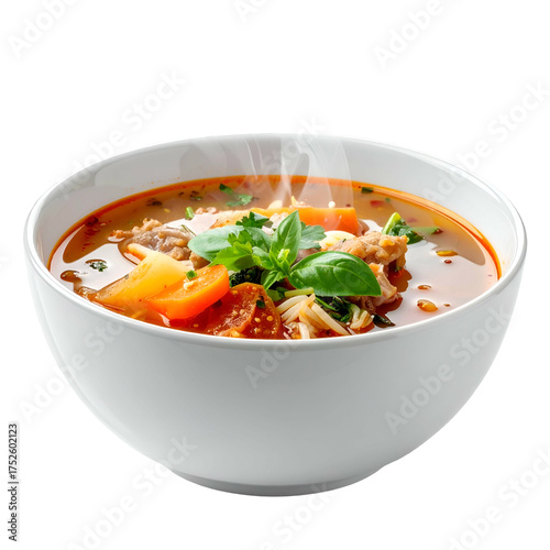 Steaming bowl of hearty soup with meat, vegetables, and fresh herbs.