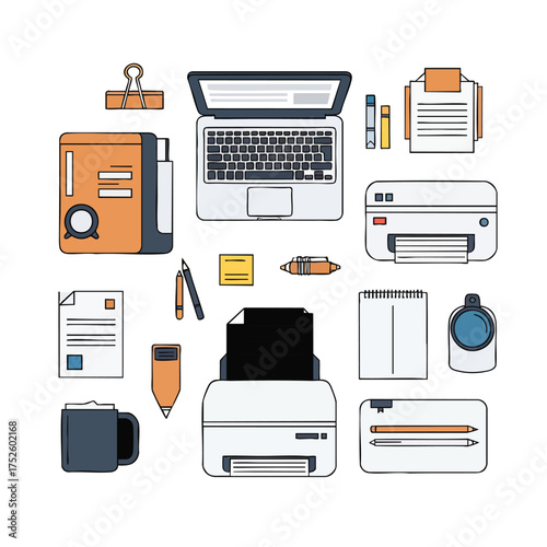 A flat line art illustration set of various office supplies and electronic equipment.