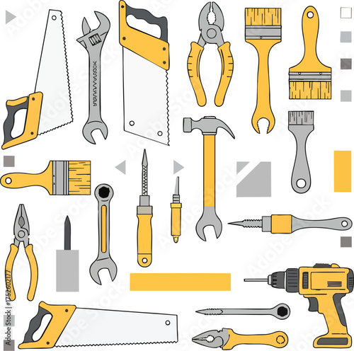A handdrawn illustration set of yellow and grey workshop tools for construction and repair.