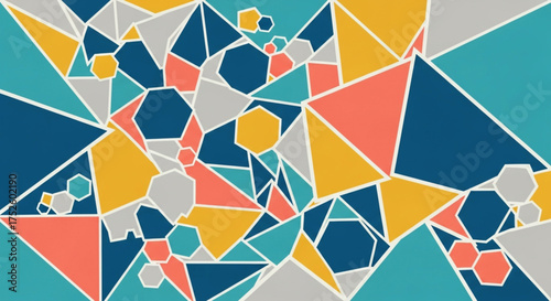 Geometric mosaic background with colorful triangles, hexagons, and polygons creating a modern and vibrant abstract design for creative projects
