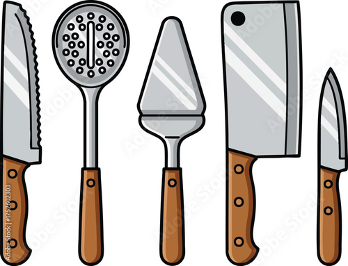 A vector illustration set of various kitchen utensils with brown wooden handles.