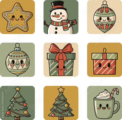 Adorable cartoon holiday icon set featuring a snowman Christmas tree and ornaments.