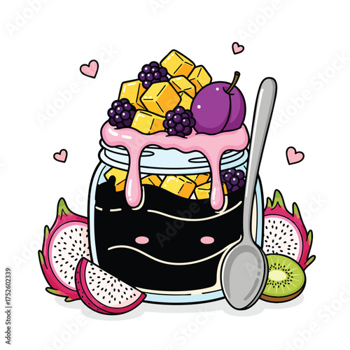 Adorable kawaii black jelly dessert in a jar with a smiling face topped with mango blackberries and fresh fruit.