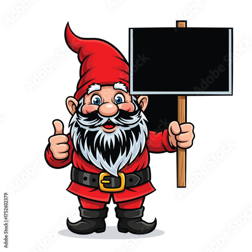 Cartoon garden gnome in a red suit giving a thumbsup and holding a blank sign.