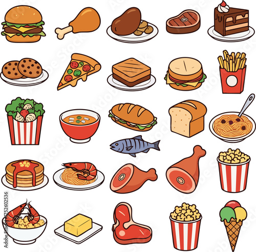 Colorful cartoon food icon set featuring a variety of meals snacks and desserts like burgers pizza and ice cream.