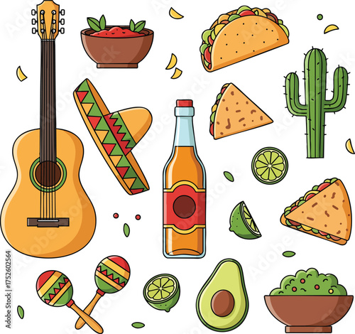 Colorful cartoon illustration set of Mexican cultural icons food and music symbols.