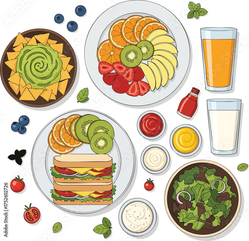 Illustrated topdown view of a complete meal with a sandwich fruit platter salad and drinks.