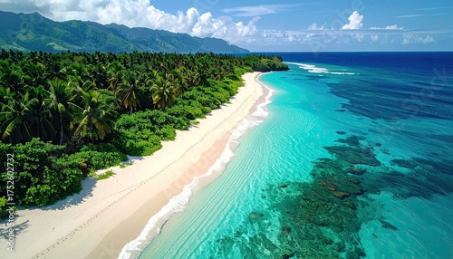 Fototapeta Naklejka Na Ścianę i Meble -  Tropical Beach with Azure Water and White Sand in Daylight Aerial View Featuring Palm Trees Lush Greenery and Turquoise Ocean Under Blue Sky