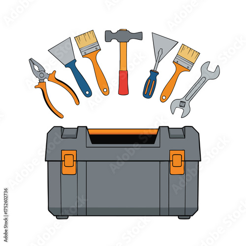 Set of construction and repair hand tools fanned out above a closed gray and orange plastic toolbox illustration.