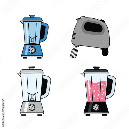 Set of four cartoonstyle kitchen appliance illustrations including blenders and a hand mixer.