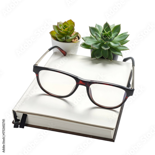 Eyeglasses rest on an open book with plants in pots behind.