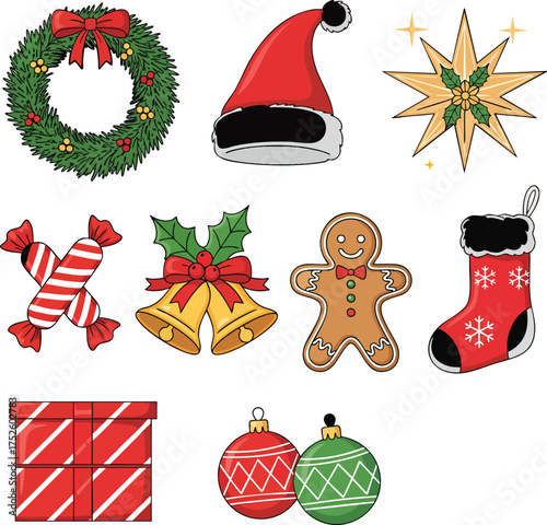 Set of handdrawn style Christmas holiday illustrations including a wreath Santa hat stocking and gift.