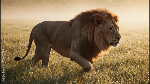 Majestic Lion Walking Through the Grass at Sunrise