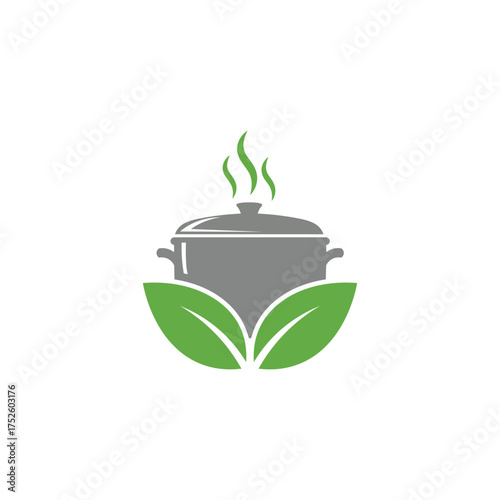 Cooking pot with steam, surrounded by leaves