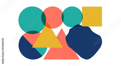 Colorful geometric shapes, featuring a vibrant and modern design with circles, squares, triangles, and organic forms, creating a visually dynamic