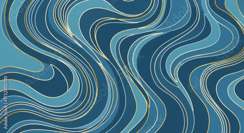 Elegant abstract background with flowing blue and turquoise waves, highlighted by delicate gold lines, creating a serene and sophisticated visual texture