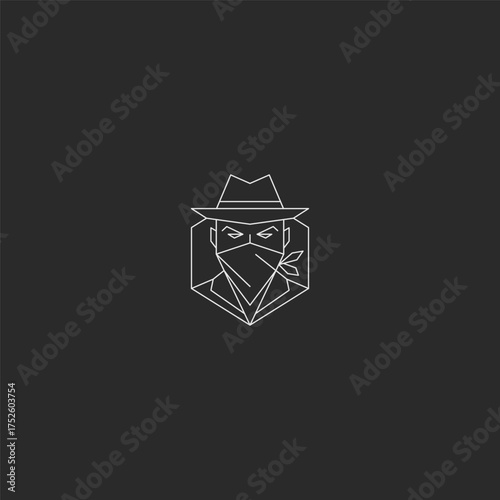 Bandit line art mysterious mask minimalist logo design.
