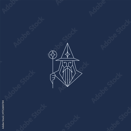 Wizard line art magic wand fantasy logo design.