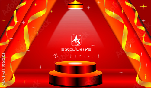 Golden podium with unique red carpet background and design for showing products or items  and winning one with light and ribbon 