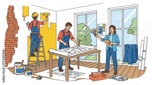 Colorful High-Quality Line Art of Workers and Designers Renovating a House Interior – Representing Home Improvement and Modern Interior Design