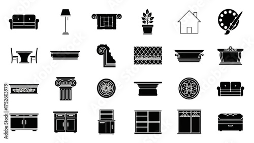 High-Quality Black Silhouette Vector Icon Set of Home Design Elements – Multifunctional Furniture