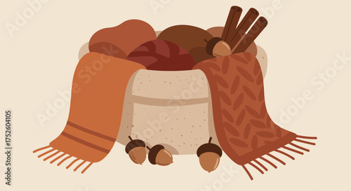 Cozy autumn vibes with cinnamon sticks, acorns, and warm scarves create a comforting seasonal scene, perfect for fall designs and thanksgiving promotions