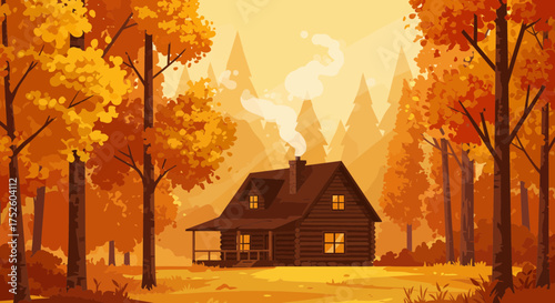 Cozy log cabin nestled in a vibrant autumn forest, smoke rising from the chimney, evokes warmth and tranquility, an idyllic scene for peaceful getaway