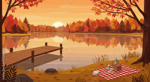 Serene autumn scene with lake reflecting colorful fall foliage and a cozy picnic by a wooden pier, perfect for peaceful getaway designs and nature themes